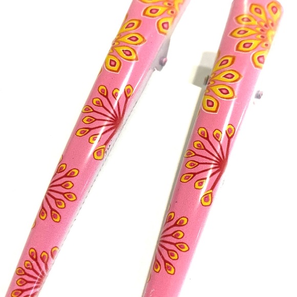 Updo Hair Clips Set of 2 Pink With Yellow Red Peacock Print - Picture 3 of 5
